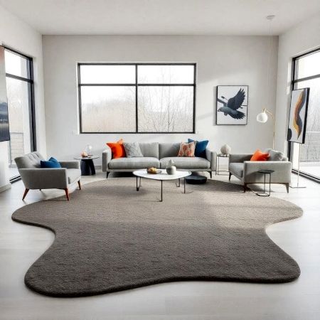 Handcrafted Solid Grey Organic Shape Modern Rug